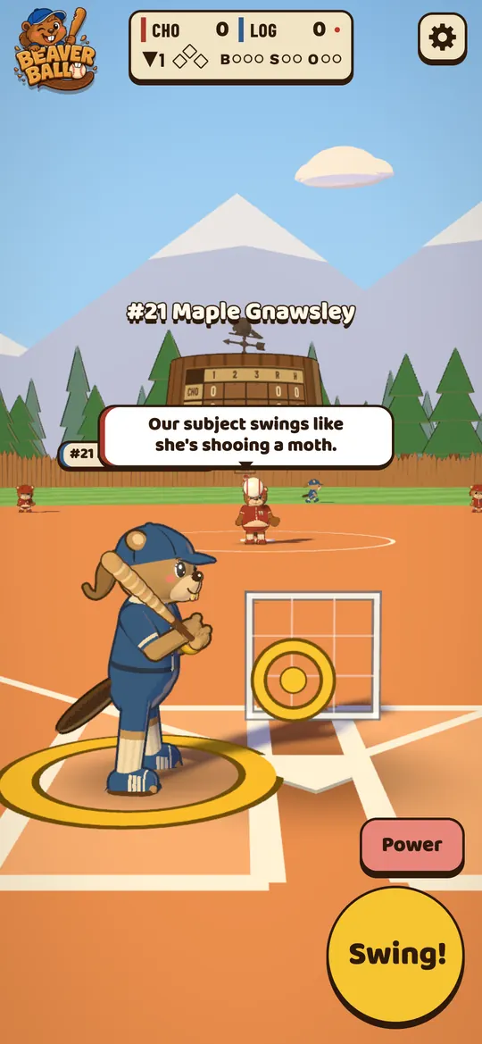 Beaver Ball on a phone: a Logrollers batter waits for the pitch on a sunny day at Lodgepole Park, with the Swing! button under her.