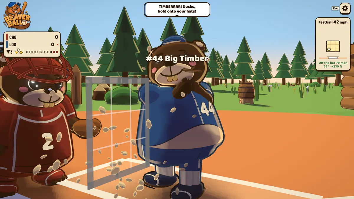 Big Timber of the Logrollers chomps on her bat after a home run as wood chips fly past the catcher.