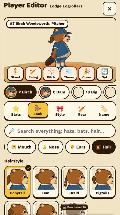 The Player Editor on a phone: Birch Woodsworth stands on the mound above a row of hairstyle tiles: ponytail, bun, braid and pigtails.