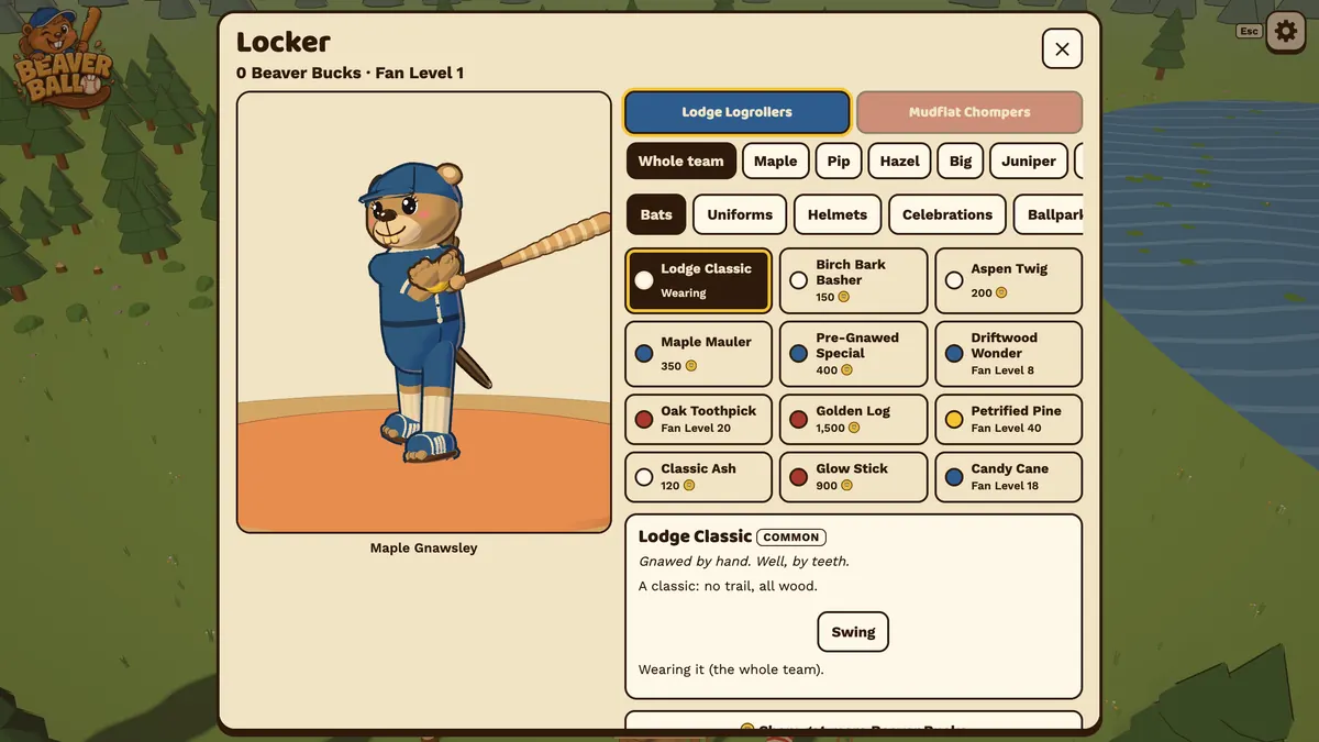 The Locker: a Logrollers player holds a tooth-carved bat, next to racks of bats, uniforms, helmets and celebrations to choose from.