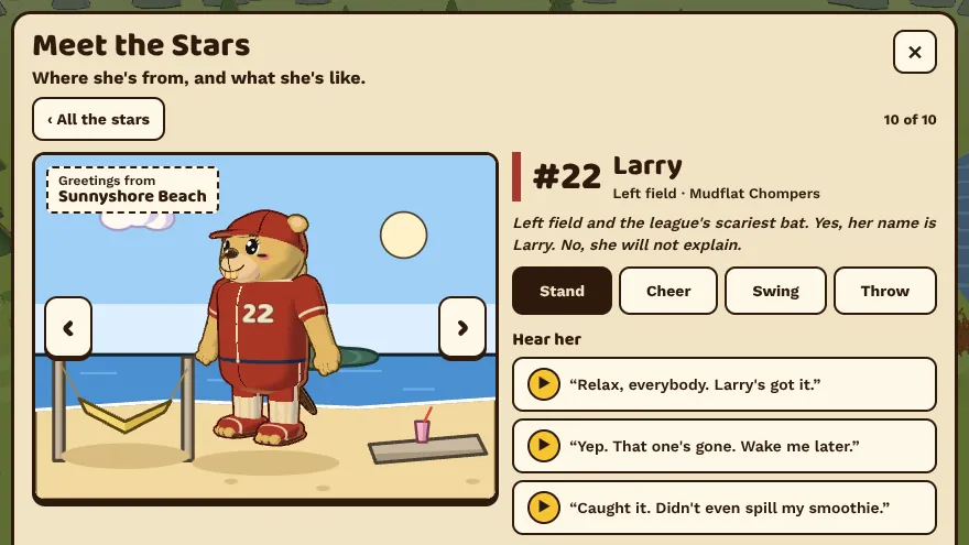 Meet the Stars: Larry, number 22, stands on Sunnyshore Beach next to her hammock, with her lines to play and her story beside her.