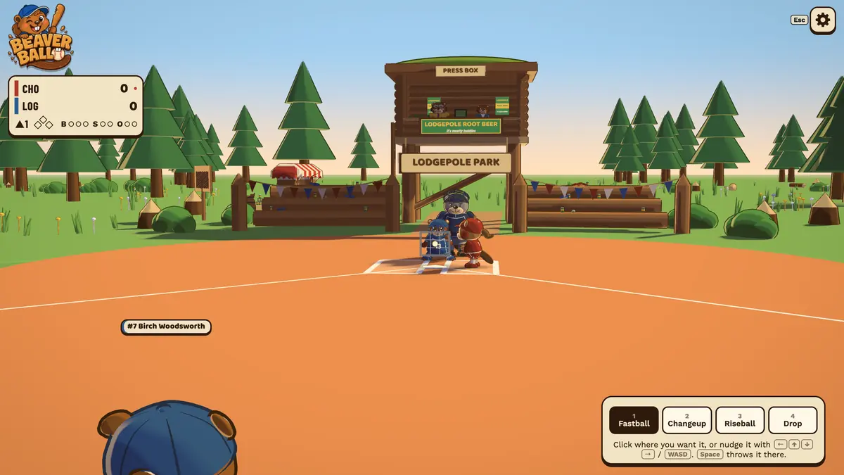 On the mound at Lodgepole Park: the pitch picker offers a fastball, changeup, riseball or drop, with the press box behind home plate.