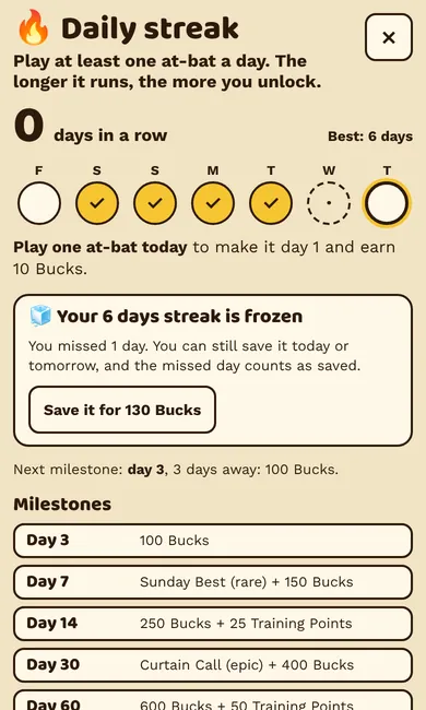 The daily streak on a phone: a row of checked-off days and the milestone rewards for keeping it going.