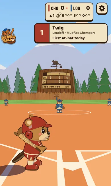 A walk-up card on a phone: Twig, the Mudflat Chompers' leadoff hitter, steps into the box for her first at-bat of the day.